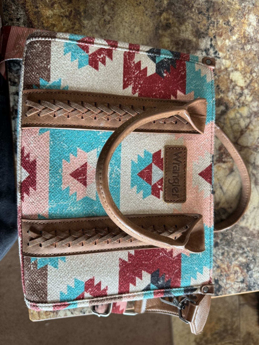 Wrangler Aztec Crossbody Tote in Turquoise, Coral & Brown